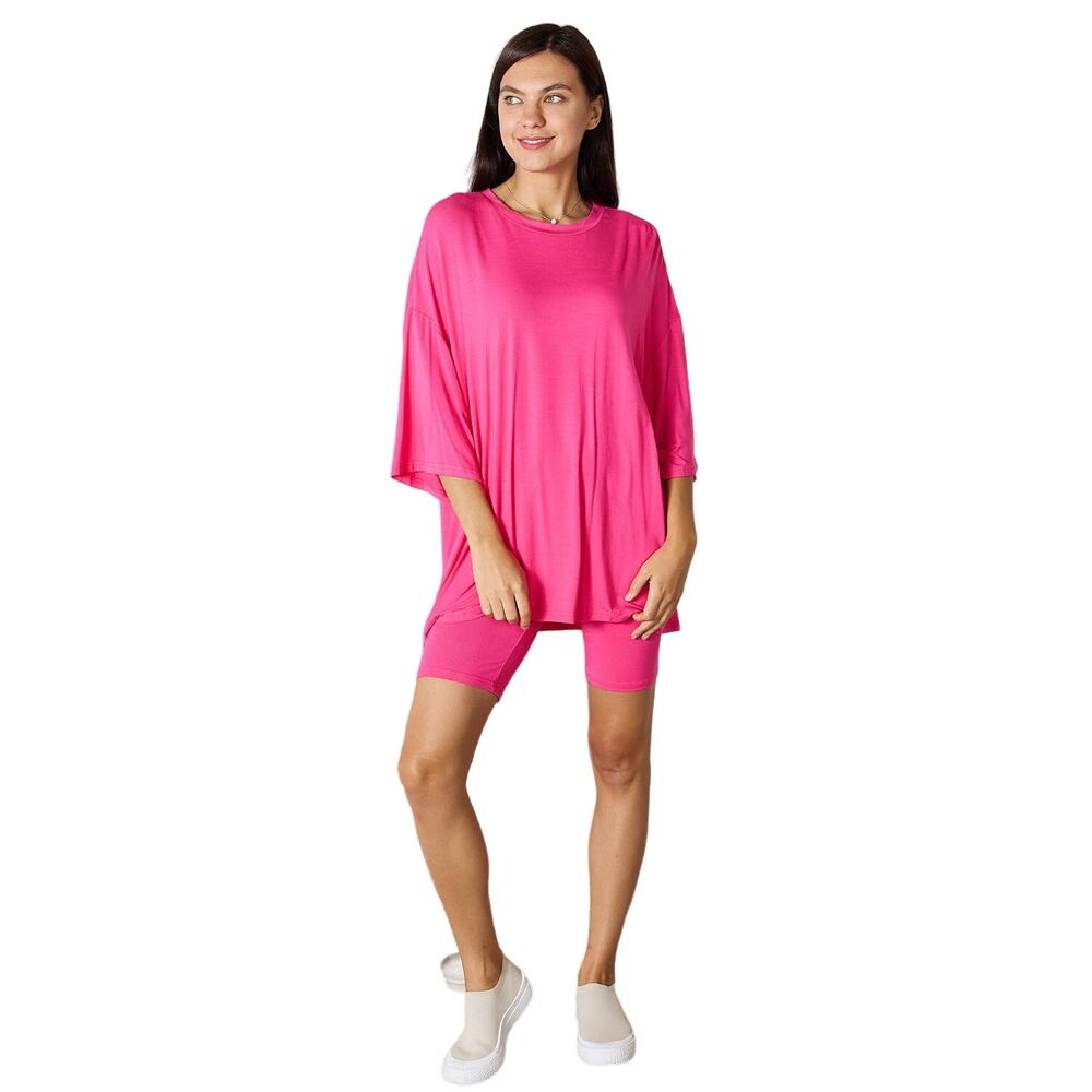 Basic Bae Hot Pink 3/4 Sleeve Top Shorts Casual Lounge 2 Piece Set